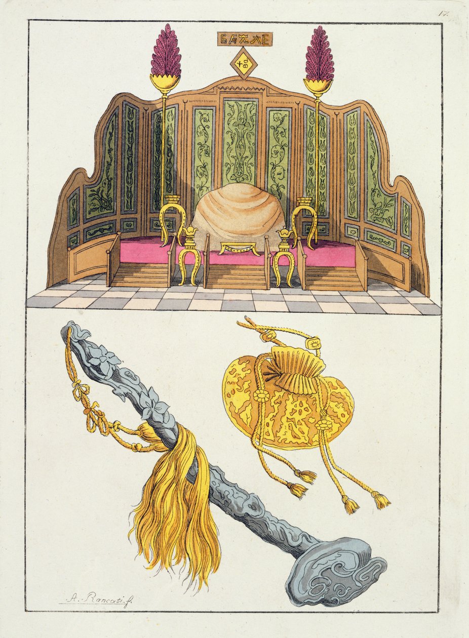 En kinesisk kejsares tron, jojo-scepter och mössa, illustration från 