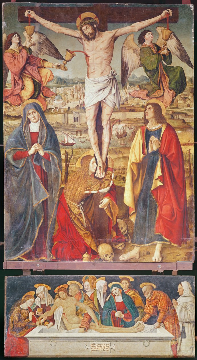 Crucifixion and Entombment, central panel av Retable of the Passion, 1517-20 (tempera på panel) av Antonio Ronzen
