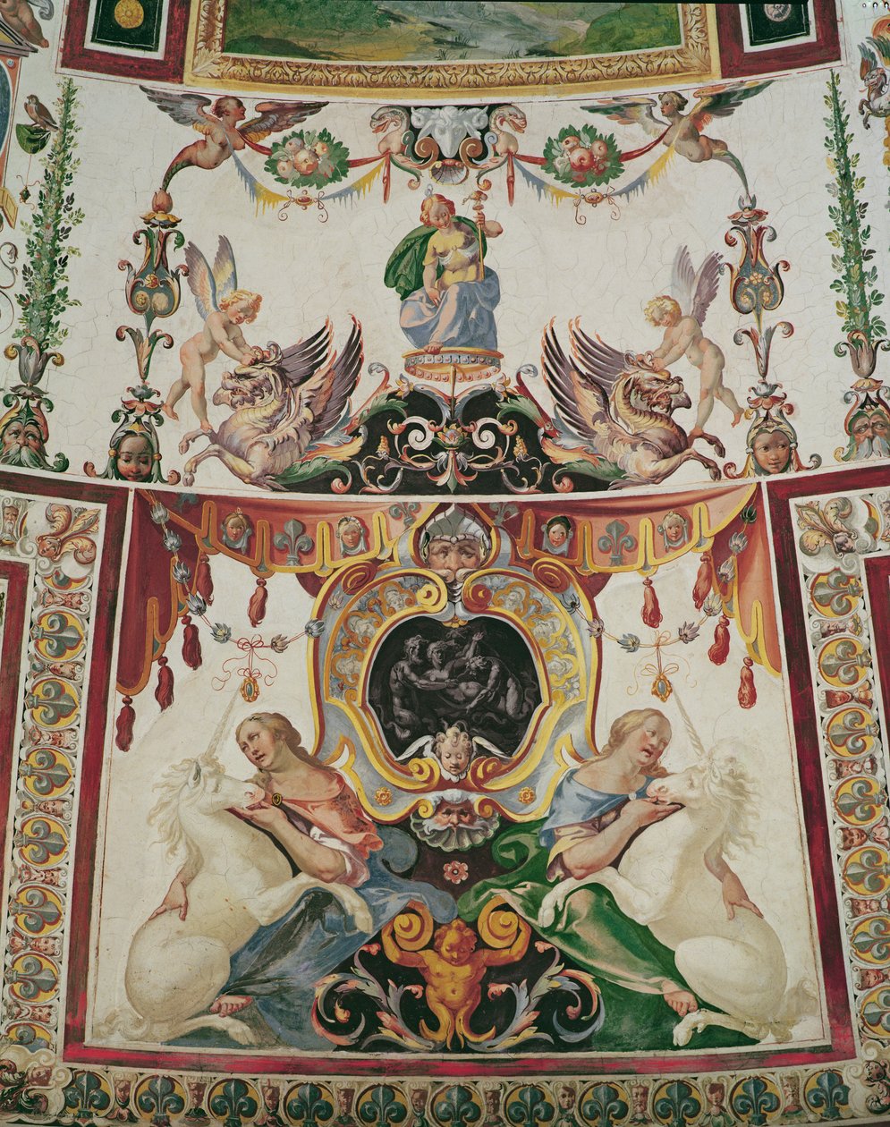Detalj av dekorationen av Scala Regia som visar gripar, enhörningar och allegoriska figurer fresk av Antonio Tempesta