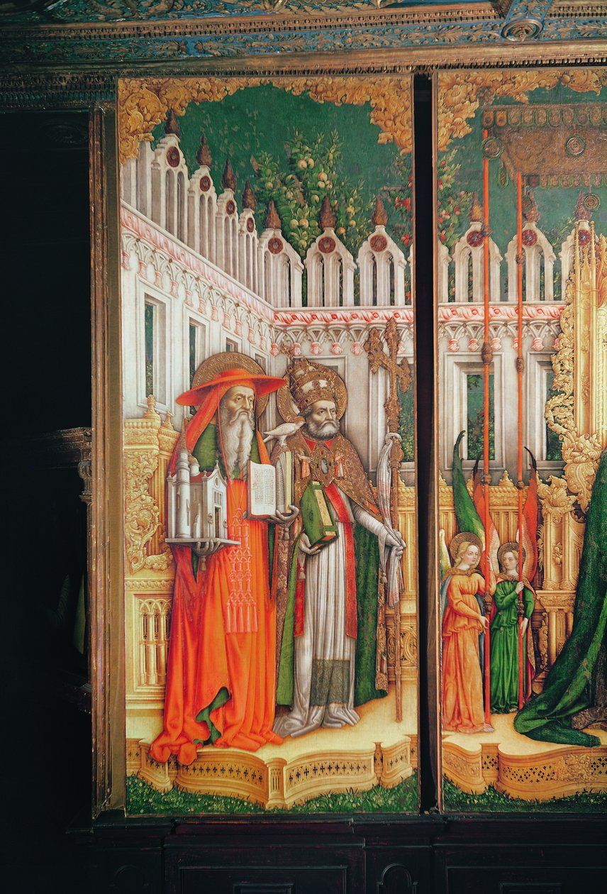 Triptyk av Jungfrun och barnet omgiven av heliga, detalj på den vänstra panelen som visar Saint Hieronymus och Saint Gregory, 1446 (tempera på duk) av Antonio Vivarini