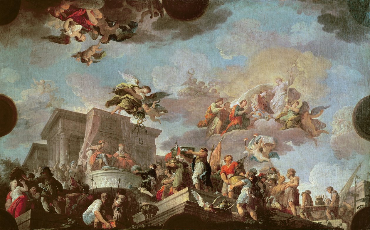Christopher Columbus (1450-1506) Erbjuder den nya världen till de katolska kungarna, före 1765 av Antonio the Elder Gonzalez Velazquez