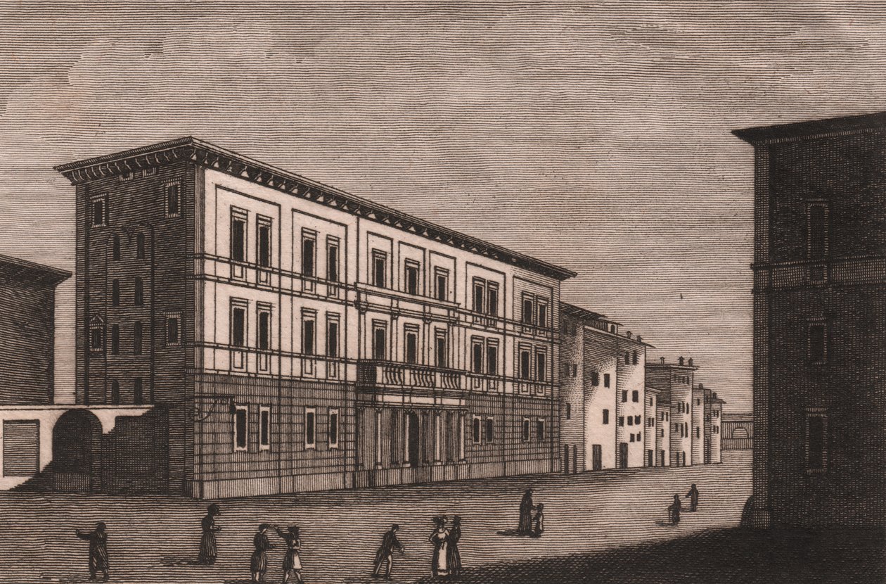 Vy över biskopspalatset i Pistoia, Toscana, Italien, kopparstick av Antonio Morghen (1788-1853), cirka 13x9,5 cm av Antonio (1788 1853) Morghen