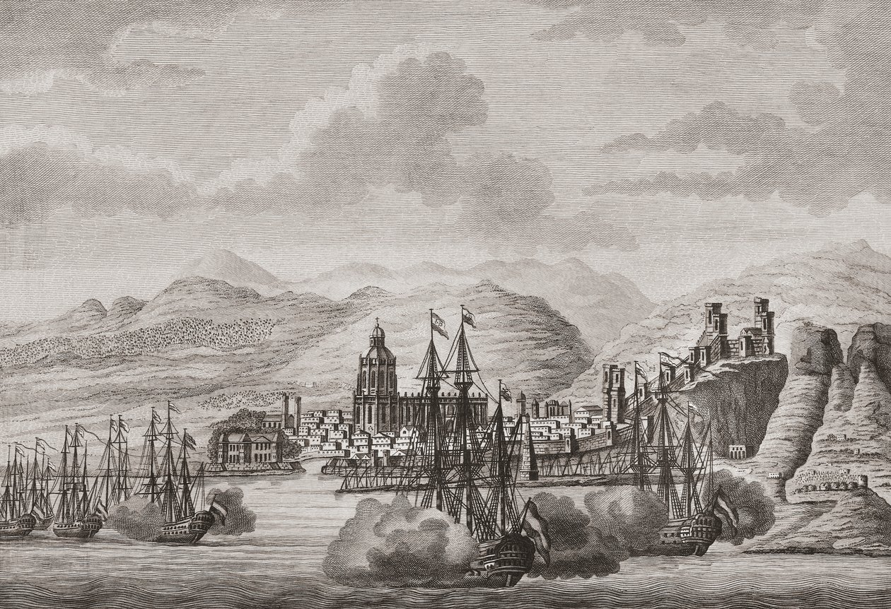 Holländska flottan utanför Malaga, Spanien 1784 skjuter salut. (skriva ut) av Antonio (after) Suntach