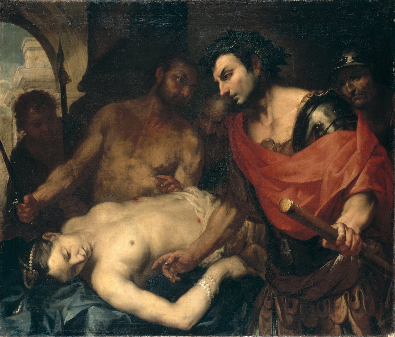 Nero (37-68 e.Kr.) med sin moder Agrippinas lik (15-59 e.Kr.) (olja på duk) av Antonio (attr. to) Zanchi