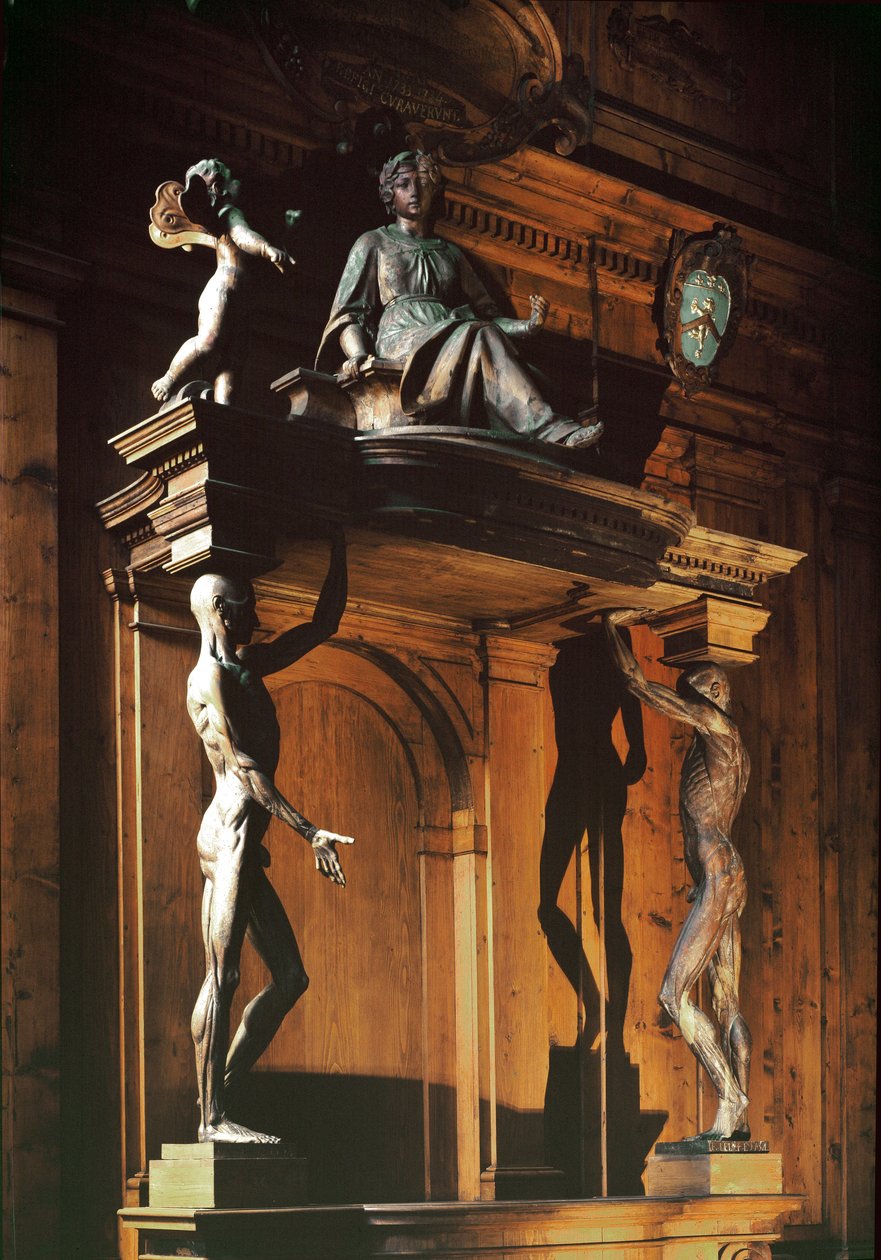 Statyer av två nakna och hudlösa män, känd som gli spellati (de flåade), anatomisk teater av Antonio (d.1663) Paolucci
