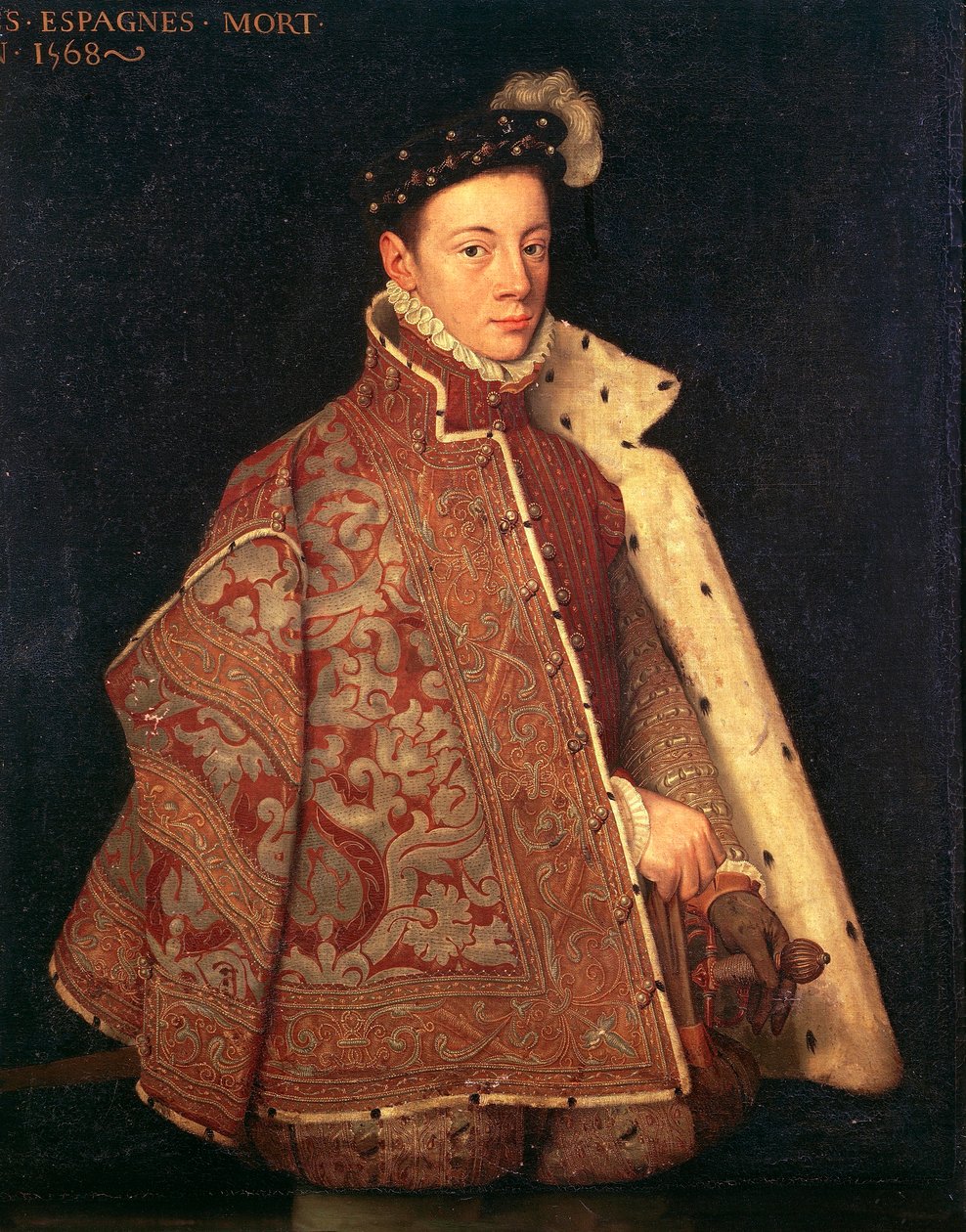 Porträtt av Don Carlos, Prins av Asturien (olja på duk) av Antonio (studio of) (attr. to) Moro