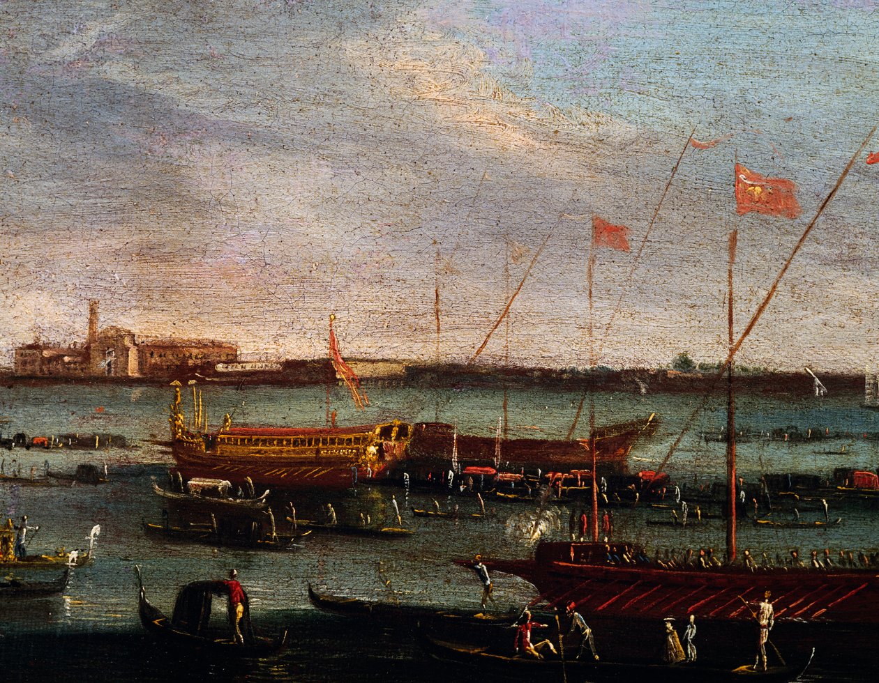 Bucentauren (statliga galären för dogerna i Venedig) vid Lido i Venedig, olja på duk, School of Canaletto, Italien av Antonio (studio of) Canaletto