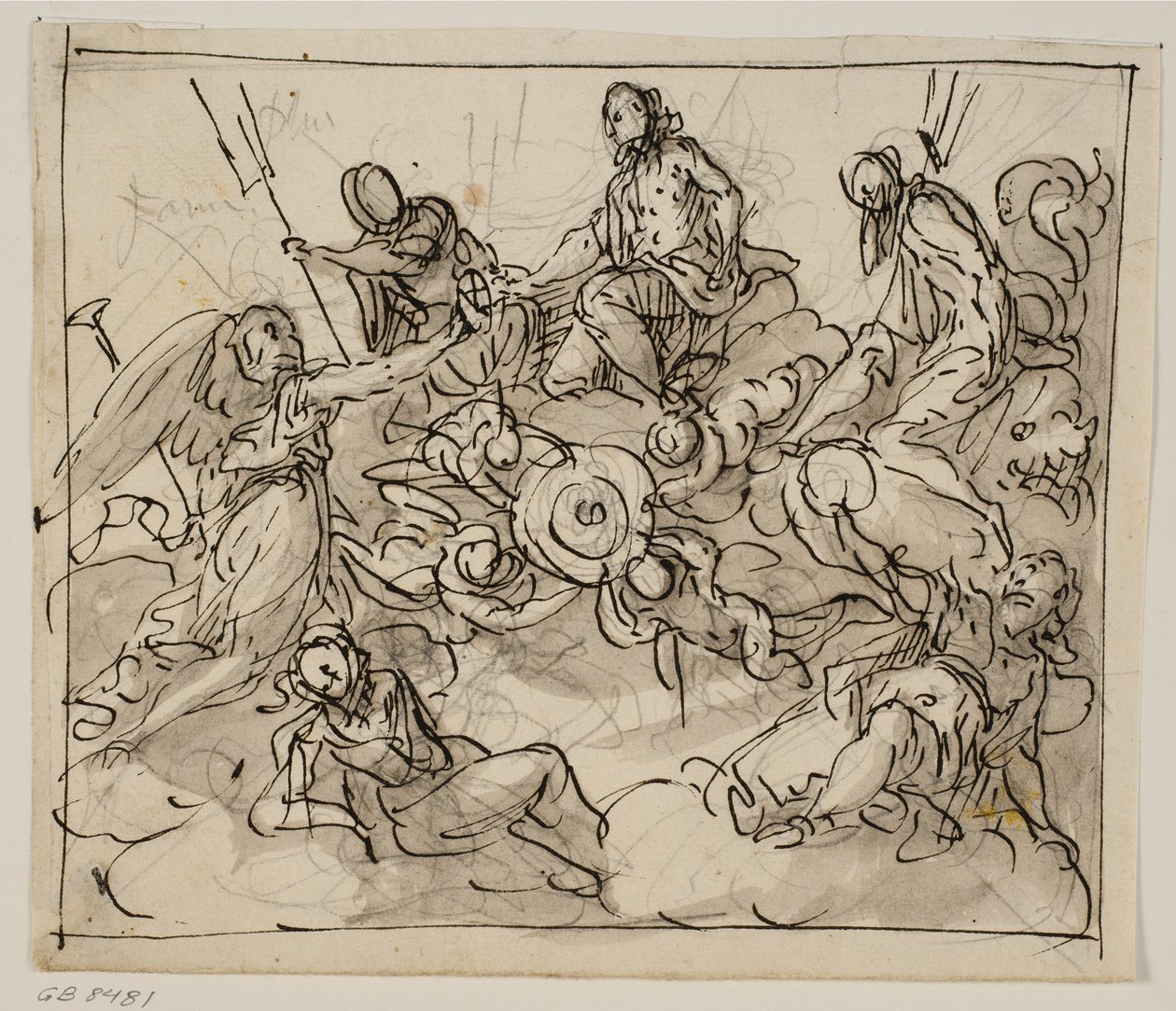 Allegorisk komposition med Venedig omgiven av två havsgudar, Fame och andra figurer av Antonio Aliense