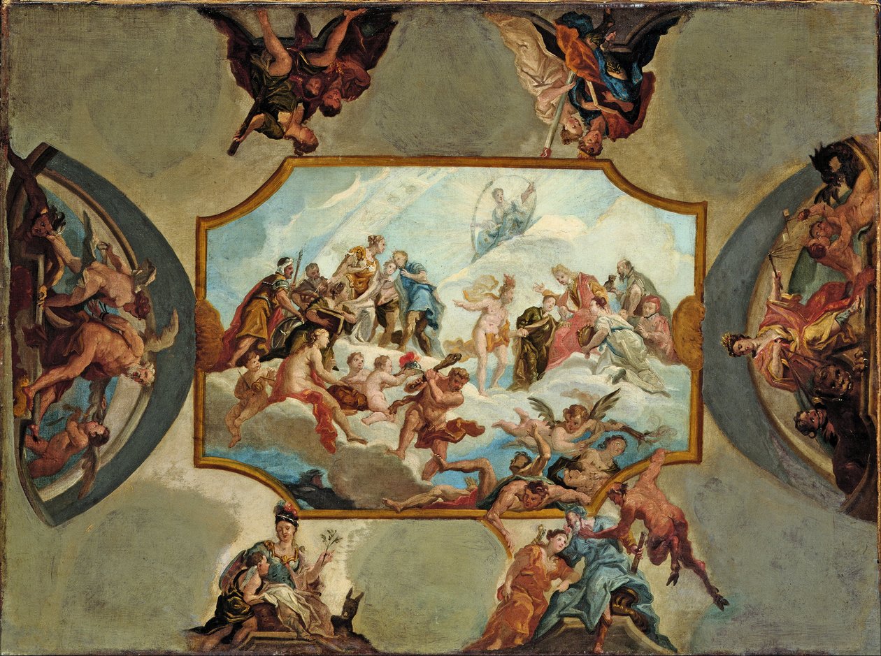 vördnad för kurfursten Johann Wilhelm von der Pfalz - Design för en takmålning för Bensberg Castle av Antonio Bellucci