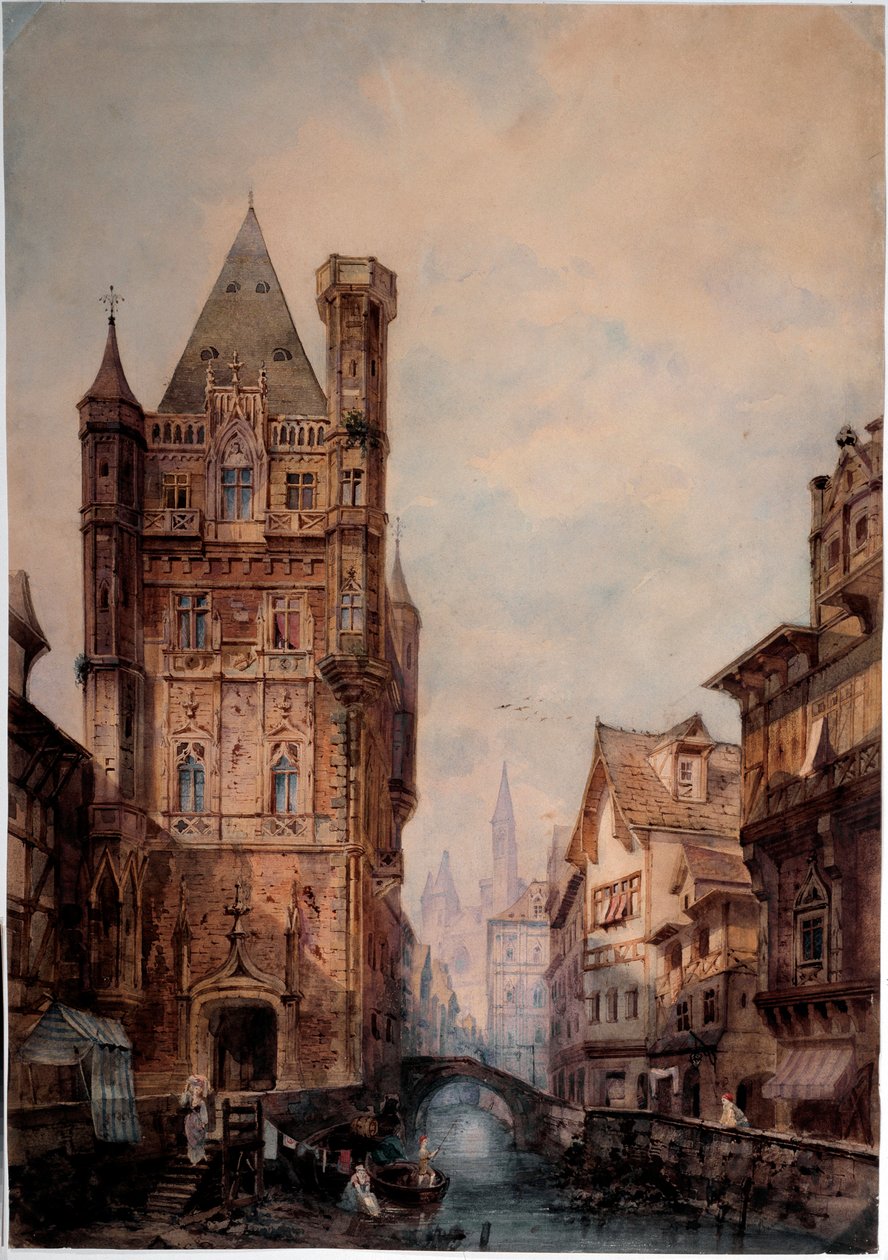 Utsikt över en kanal i en normansk stad Akvarell av Antonio Bernasconi (1800-talet) Dim 85x75 cm Genes, Galleria d