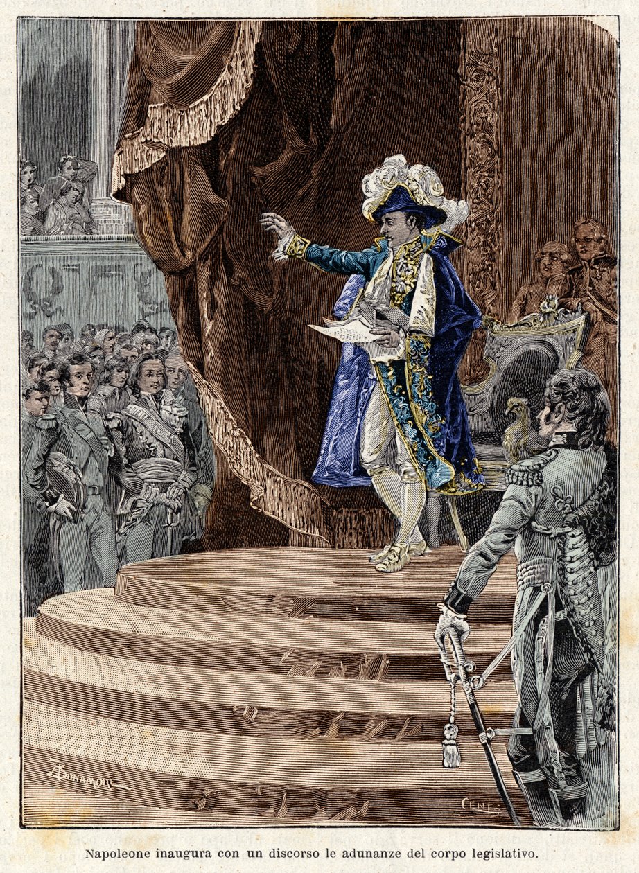 Napoleon Bonaparte inleder med ett tal mötena i det lagstiftande organet av Antonio Bonamore