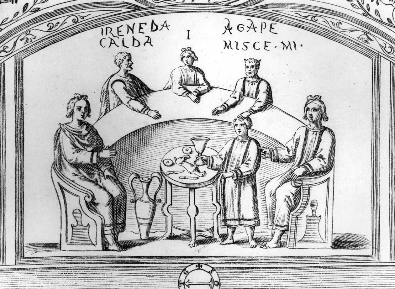 Bankettscen från en tidig kristen katakombfresk i Rom, illustration från 