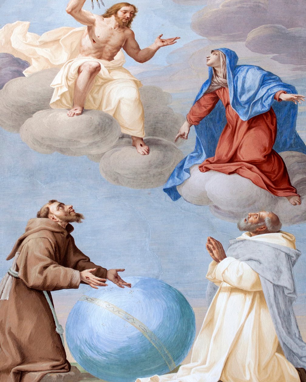 Saint Francis, Saint Damian och Mary går i förbön för mänskligheten och övertygar den gudomliga rättvisan att inte skjuta sina pilar mot världen, fresk av Antonio Busca (1625-1684), 20:e kapellet, Saint Francis helgonförklarad av påven Gregorius IX, av Antonio Busca