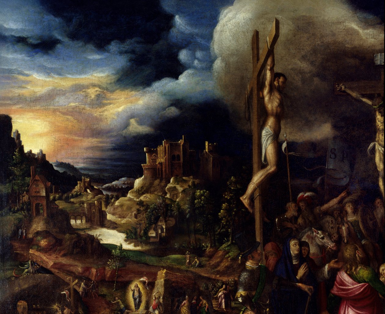 Kristus på korset Passionsscener: steg upp till Golgata (Korsets väg), korsfästelse. Målning av Antonio Campi (1526-1587) Ec. Ital av Antonio Campi