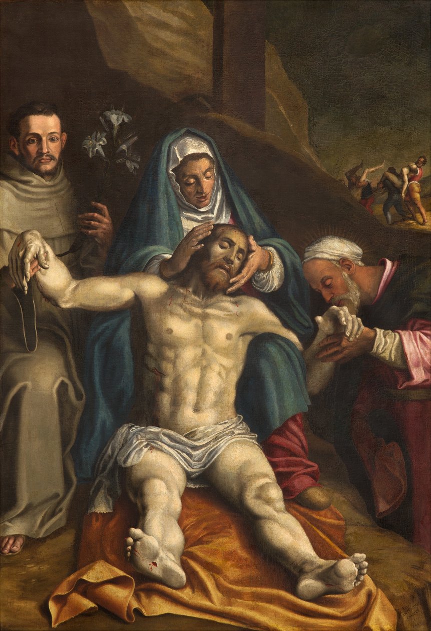 Norra tvärskeppet, avsättningens altare, Kristi avsättning stödd av jungfrun och de heliga Raymond och Anthony av Padua, Antonio Campi 1566, altartavla av Antonio Campi