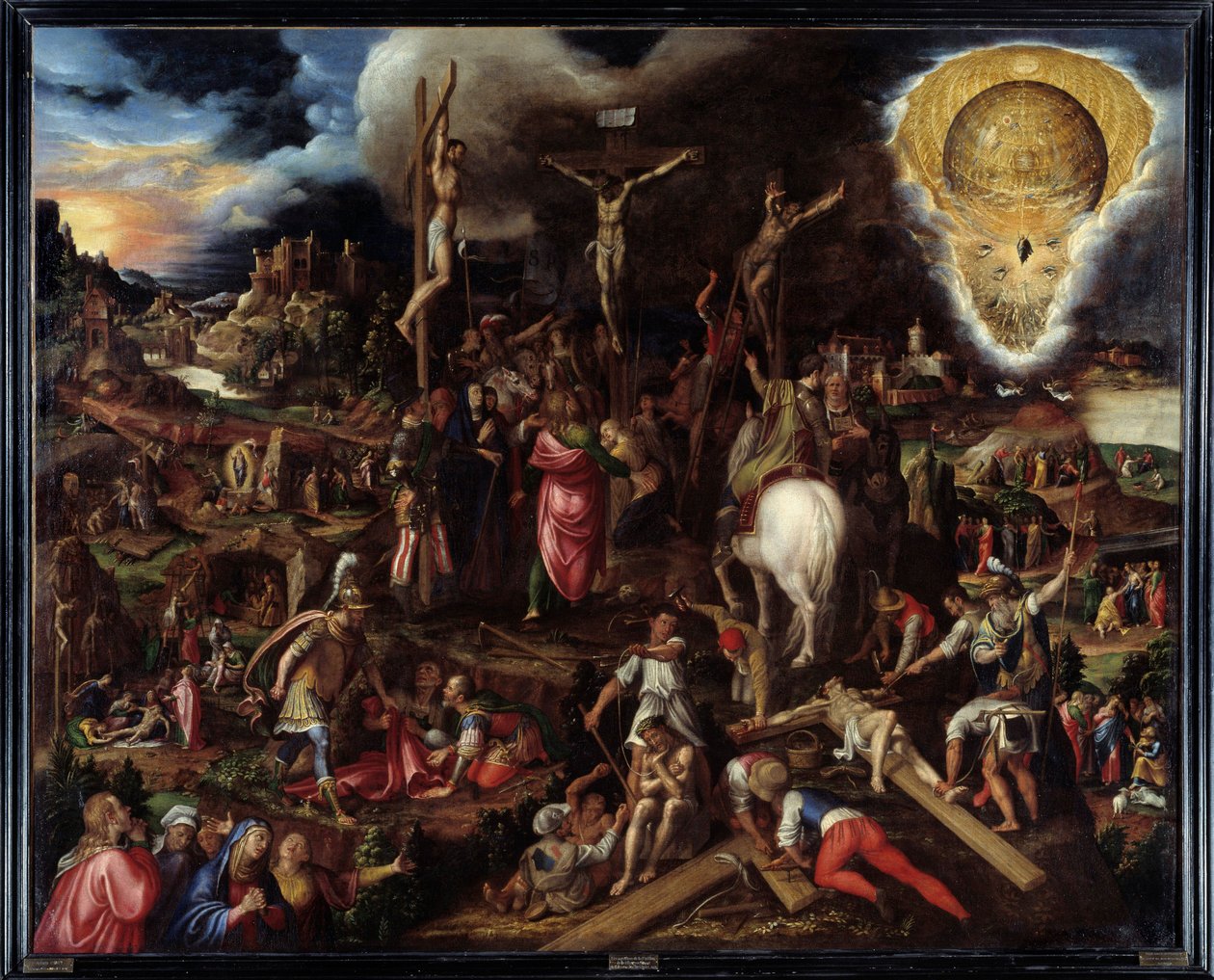 Scener av passion: bön i olivträdens trädgård, förräderi av Judas, arrestering av Kristus, hånade Kristus, stiger upp till Golgata (Korsvägen), korsfästelse, uppståndelse... Målning av Antonio Campi (1526-1587) Ec. Ital av Antonio Campi