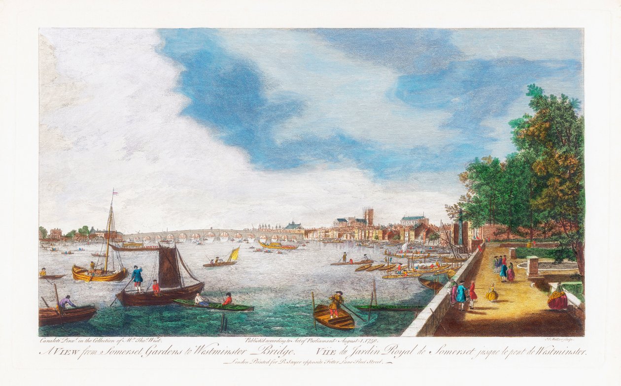 En vy från Somerset Gardens till Westminster Bridge, graverad av John Miller, 1750 av Giovanni Antonio Canal