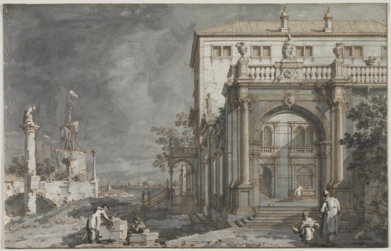 Capriccio: Ett palats med en innergård vid lagunen av Antonio Canaletto