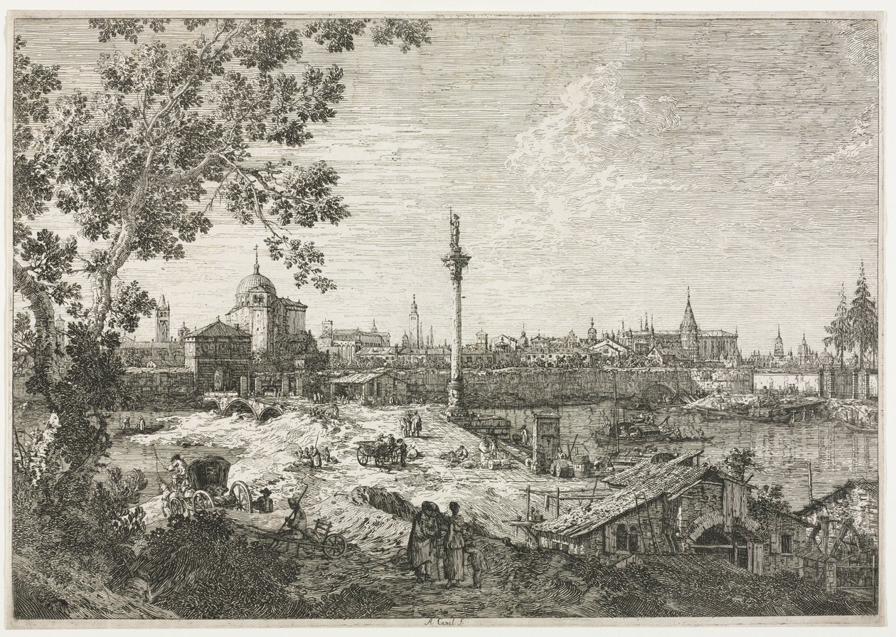 Panorama över en stad vid en flod. av Giovanni Antonio Canal