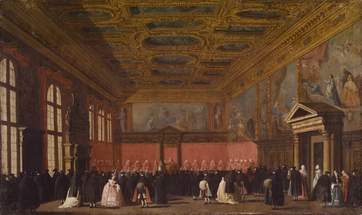 Mottagande av utländska ambassadörer i Dogepalatset, Venedig, ca 1765-80 av Giovanni Antonio Canal