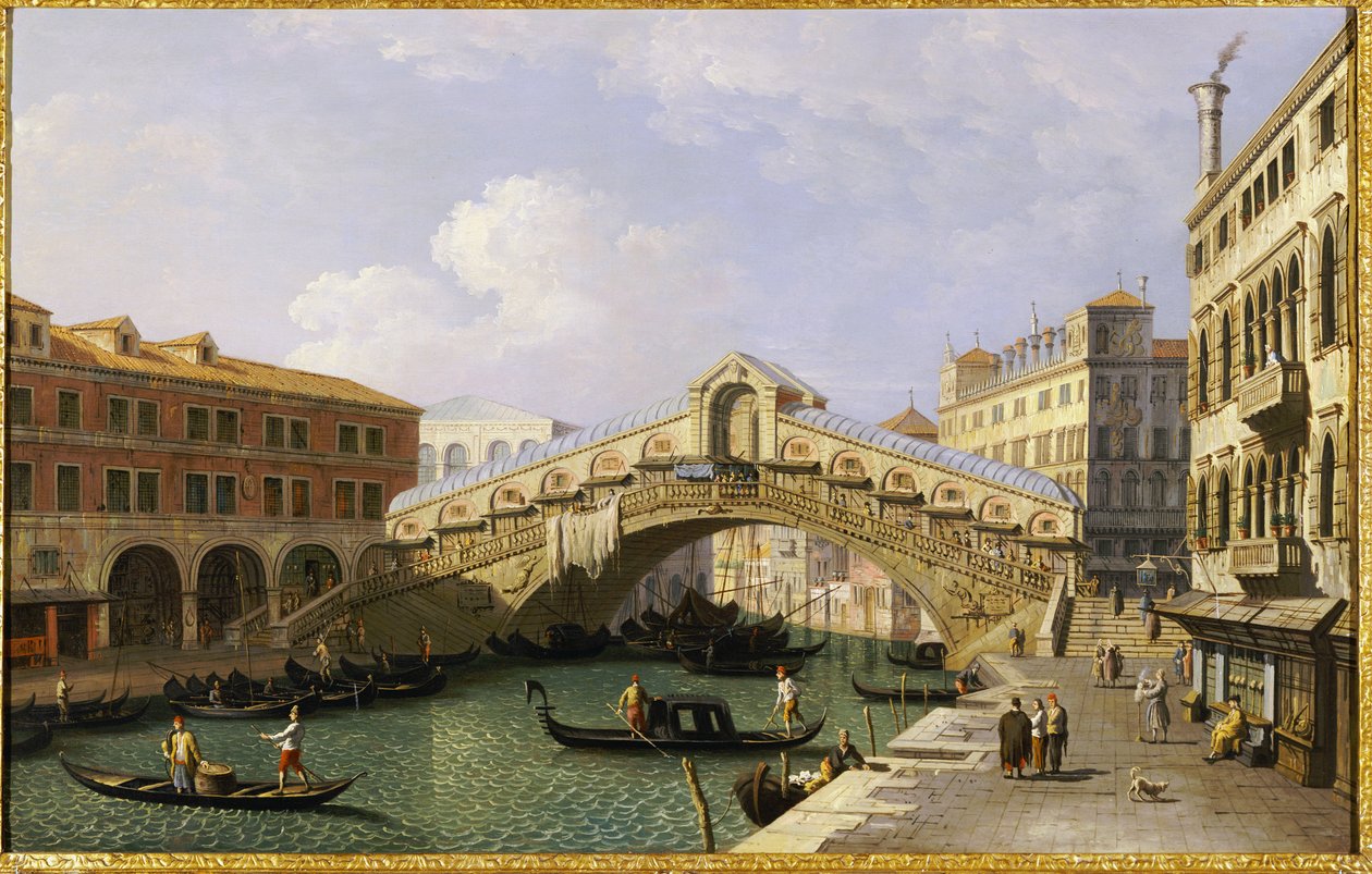 Rialtobron Venedig från söder med Fondamenta Del Vin och Fondaco Dei Tedeschi av Giovanni Antonio Canal