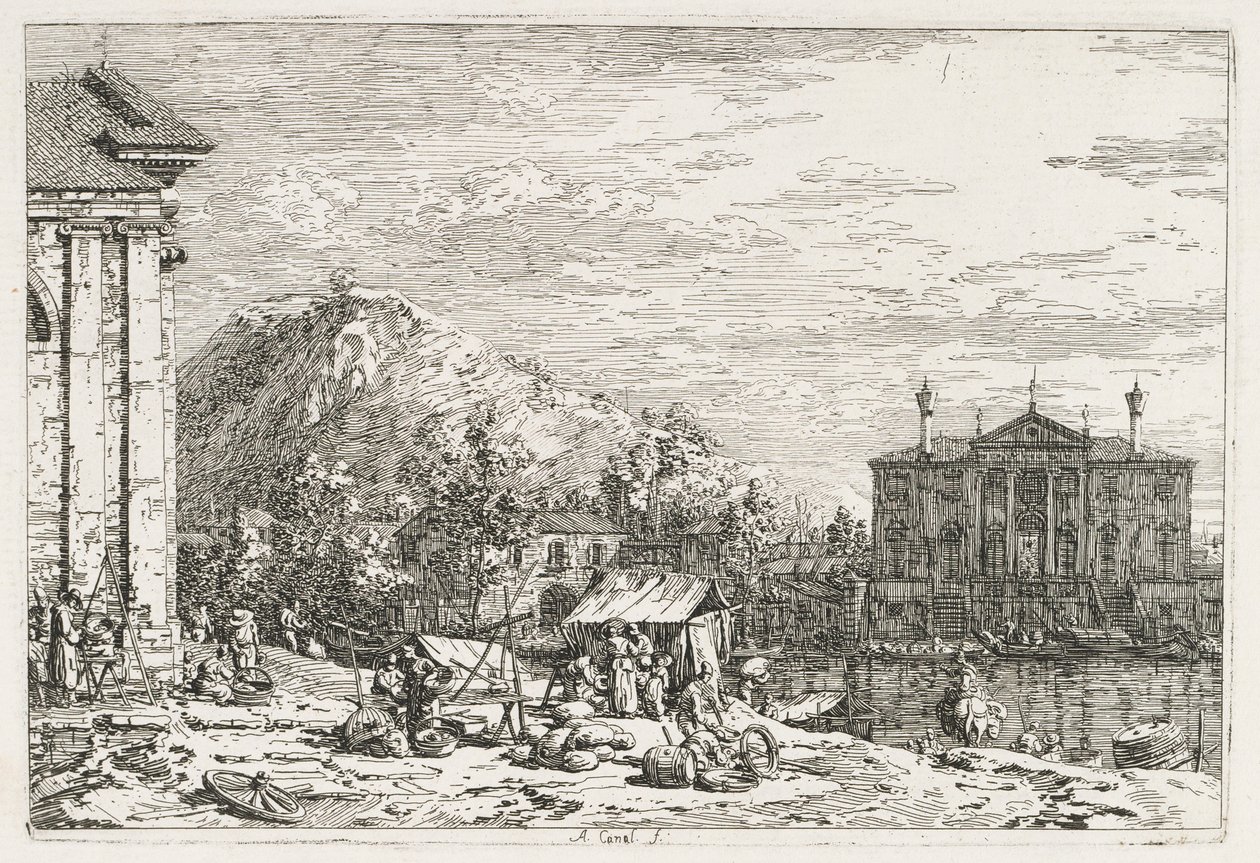 Utsikt: En stad bortom en flod av Antonio Canaletto