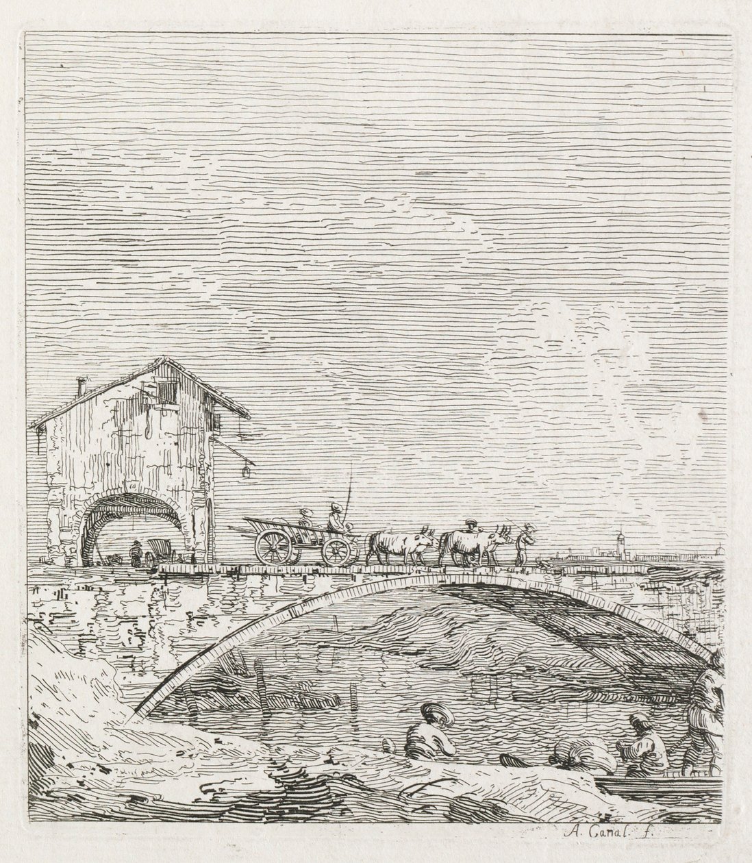 Visningar: En vagn som passerar över en bro, 1735-1746. av Giovanni Antonio Canal
