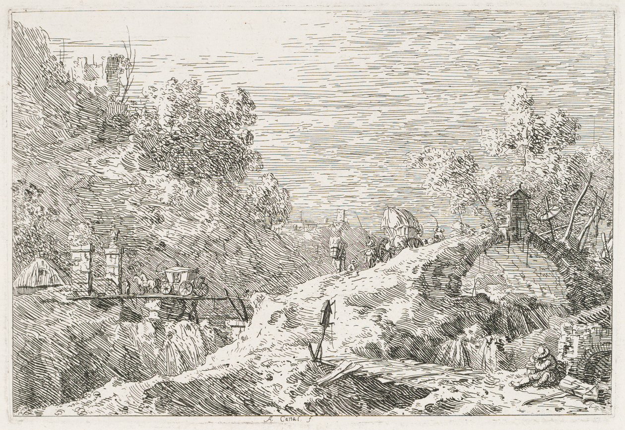 Utsikt: Bergslandskap med fem broar av Antonio Canaletto