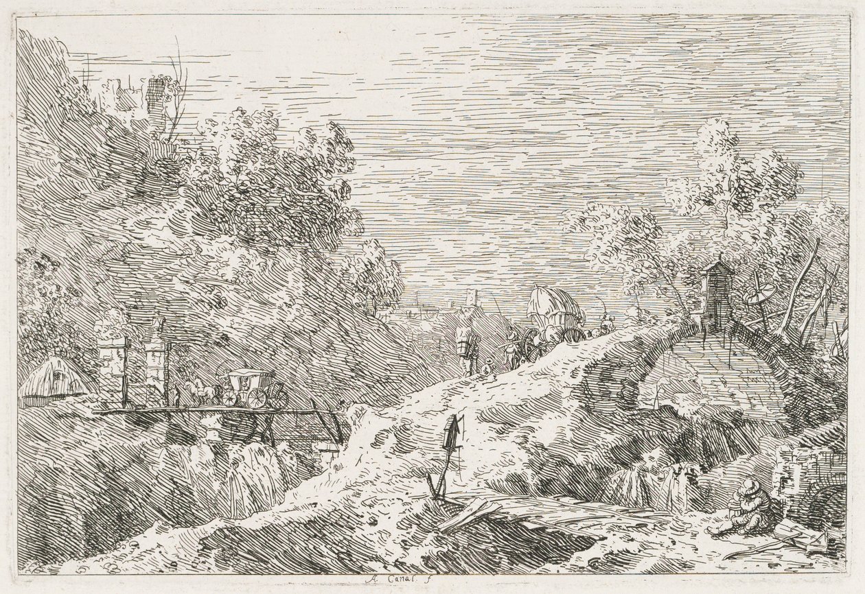 Utsikt: Bergslandskap med fem broar, 1735-1746. av Giovanni Antonio Canal