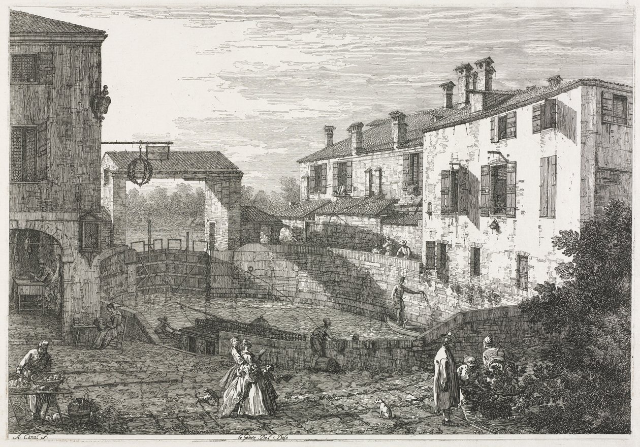 Utsikt: Kanalslussen vid Dolo av Antonio Canaletto