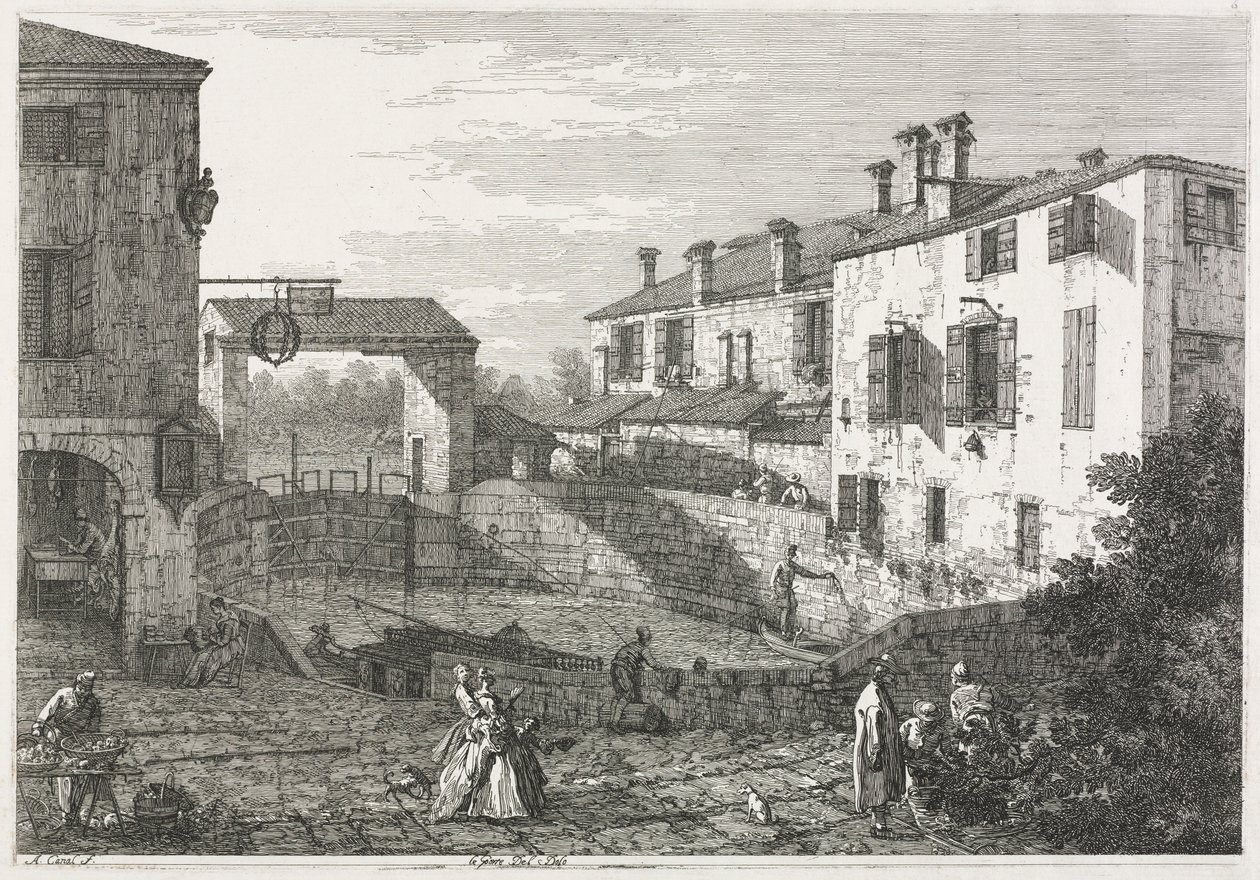 Utsikt: Kanalslussen vid Dolo, 1735-1746. av Giovanni Antonio Canal