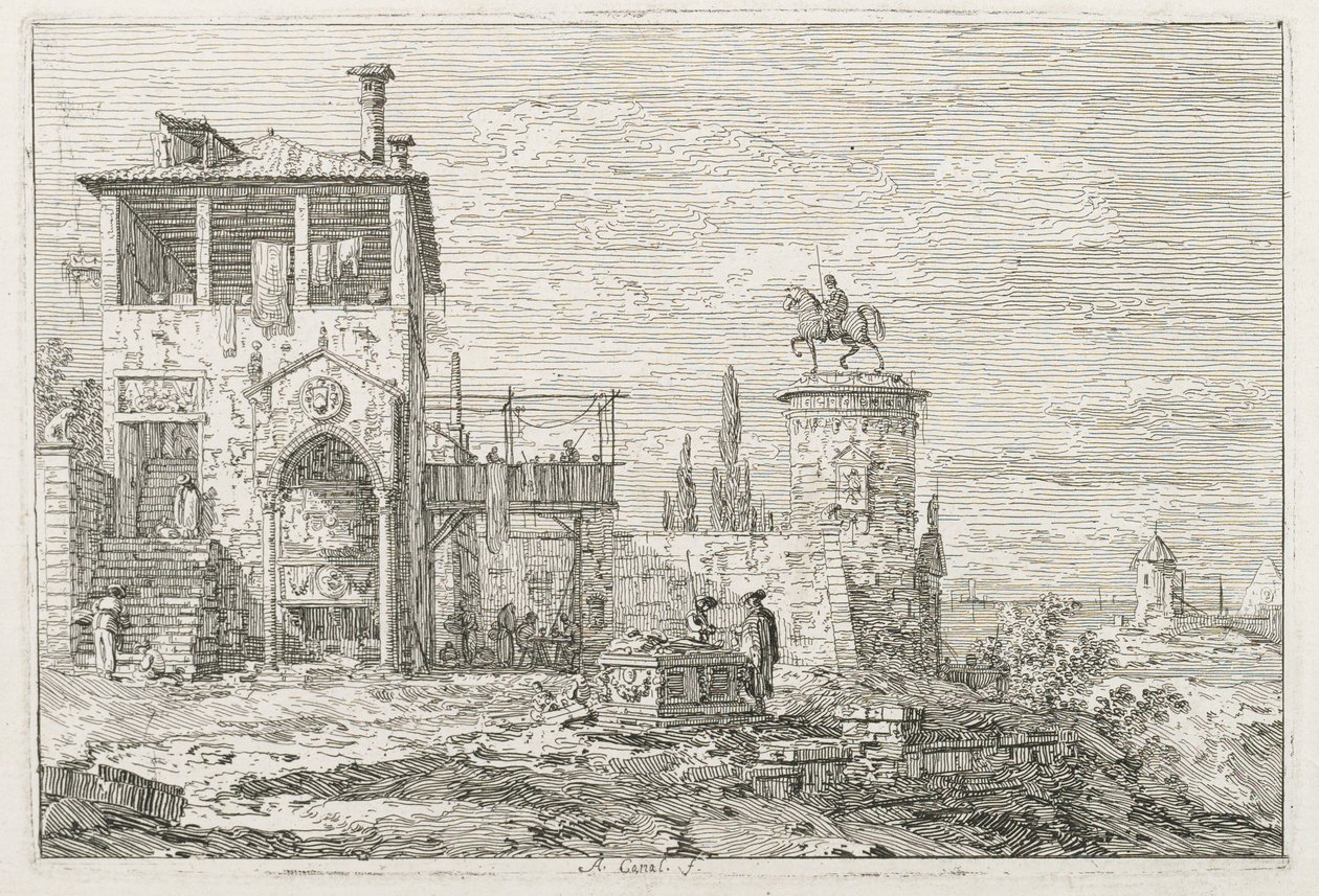 Utsikt: Riddarmonumentet, 1735-1746. av Giovanni Antonio Canal