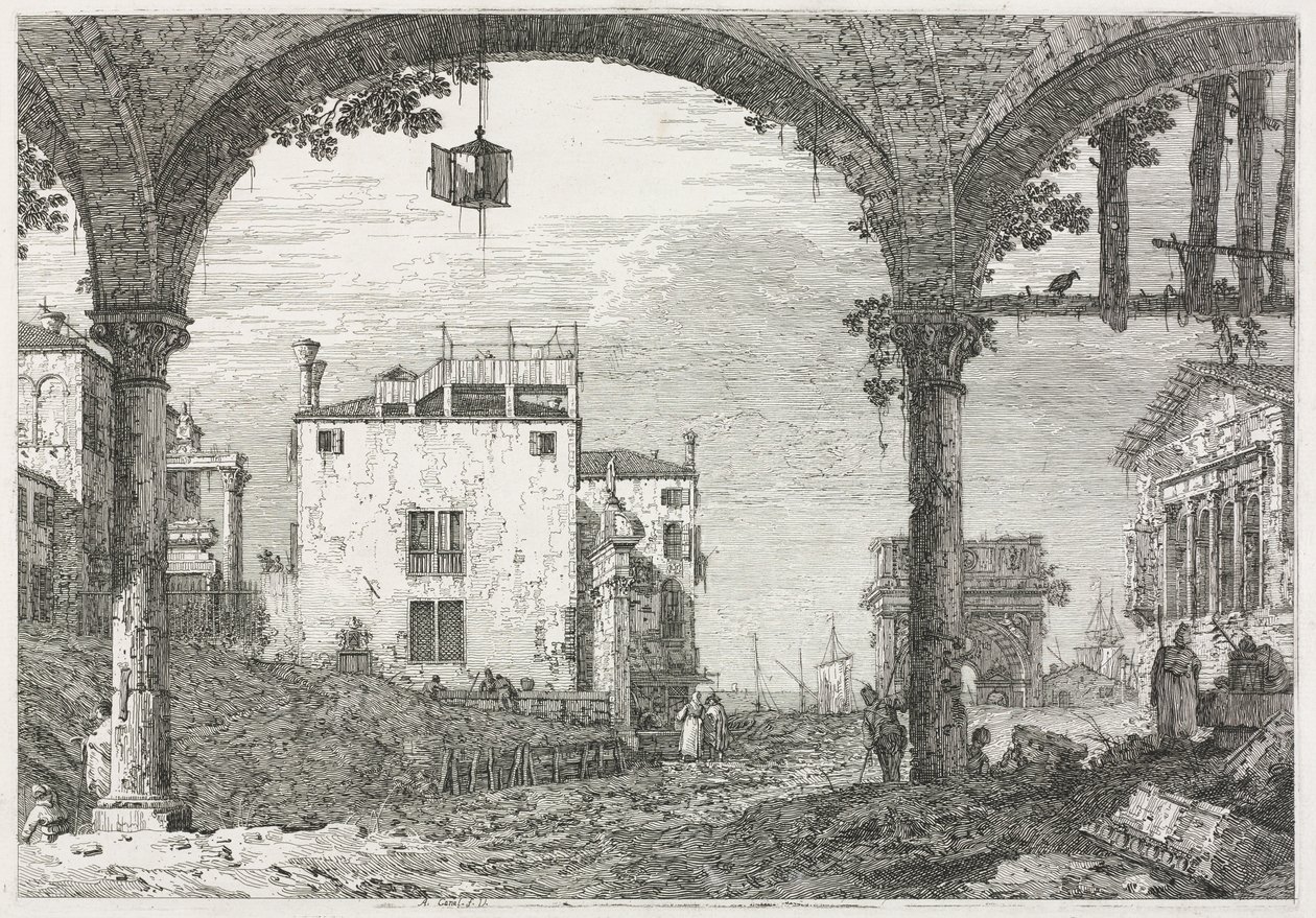 Utsikt: Portiken med lyktan av Antonio Canaletto