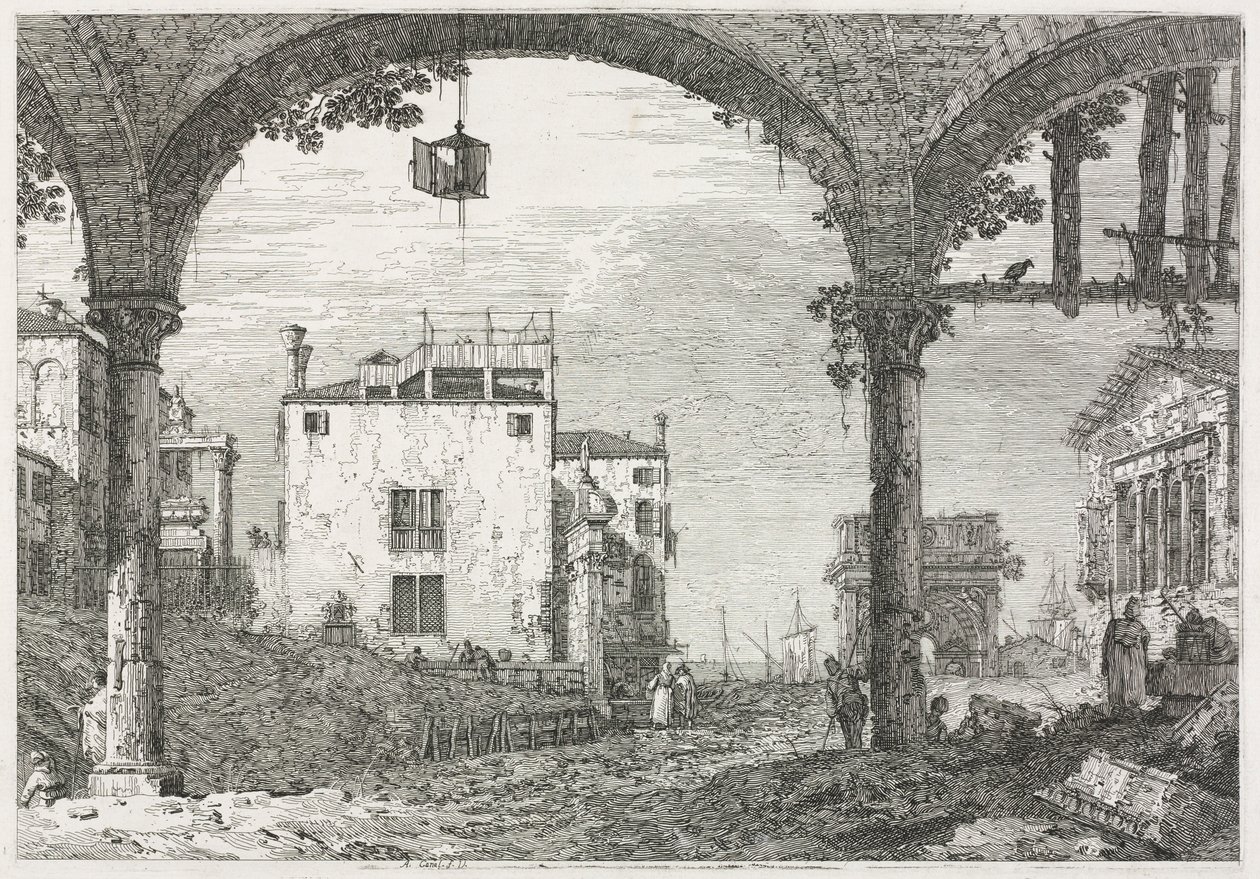 Utsikt: Portiken med lyktan, 1735-1746. av Giovanni Antonio Canal