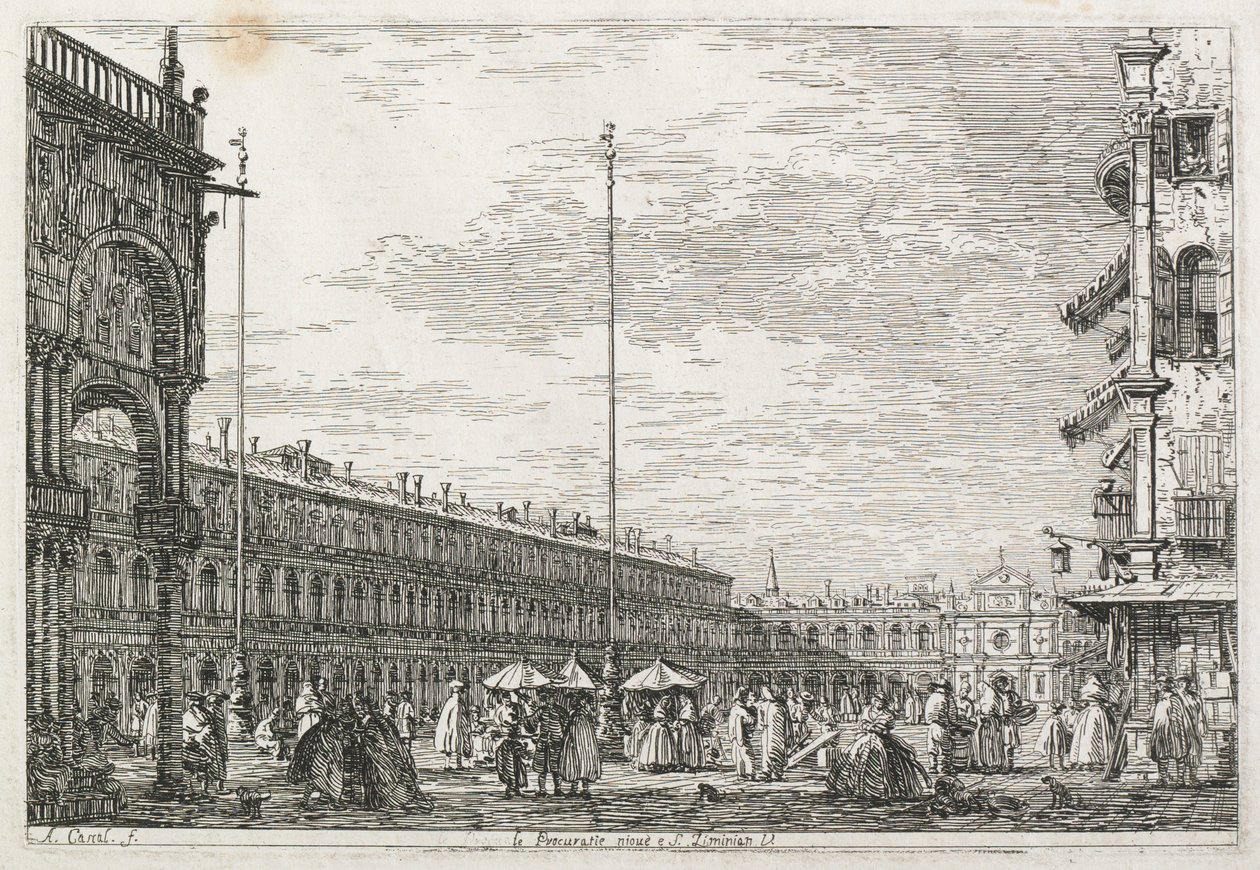 Utsikt: Prokuratorpalatset och kyrkan St. Géminien, Venedig, 1735-1746. av Giovanni Antonio Canal