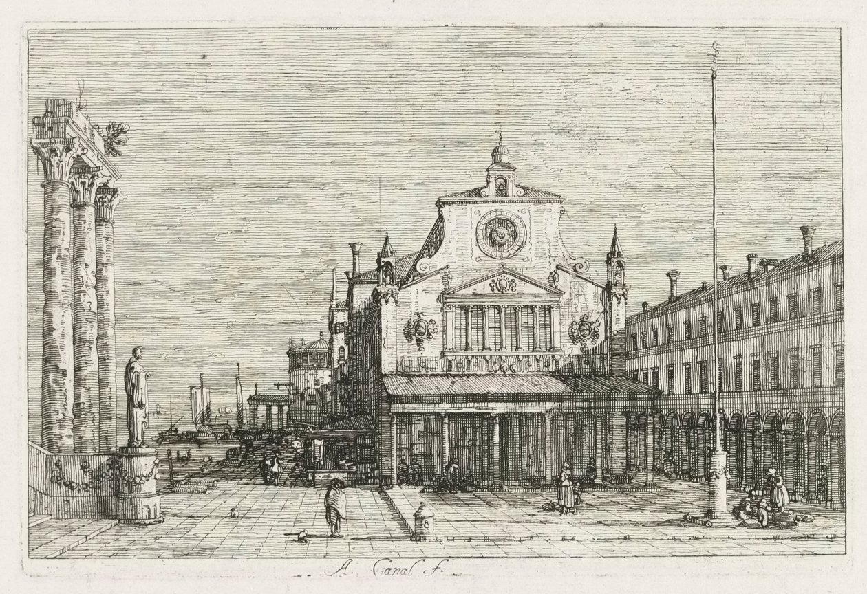 Utsikt: Tre kolumner och en staty vid havets kust av Antonio Canaletto