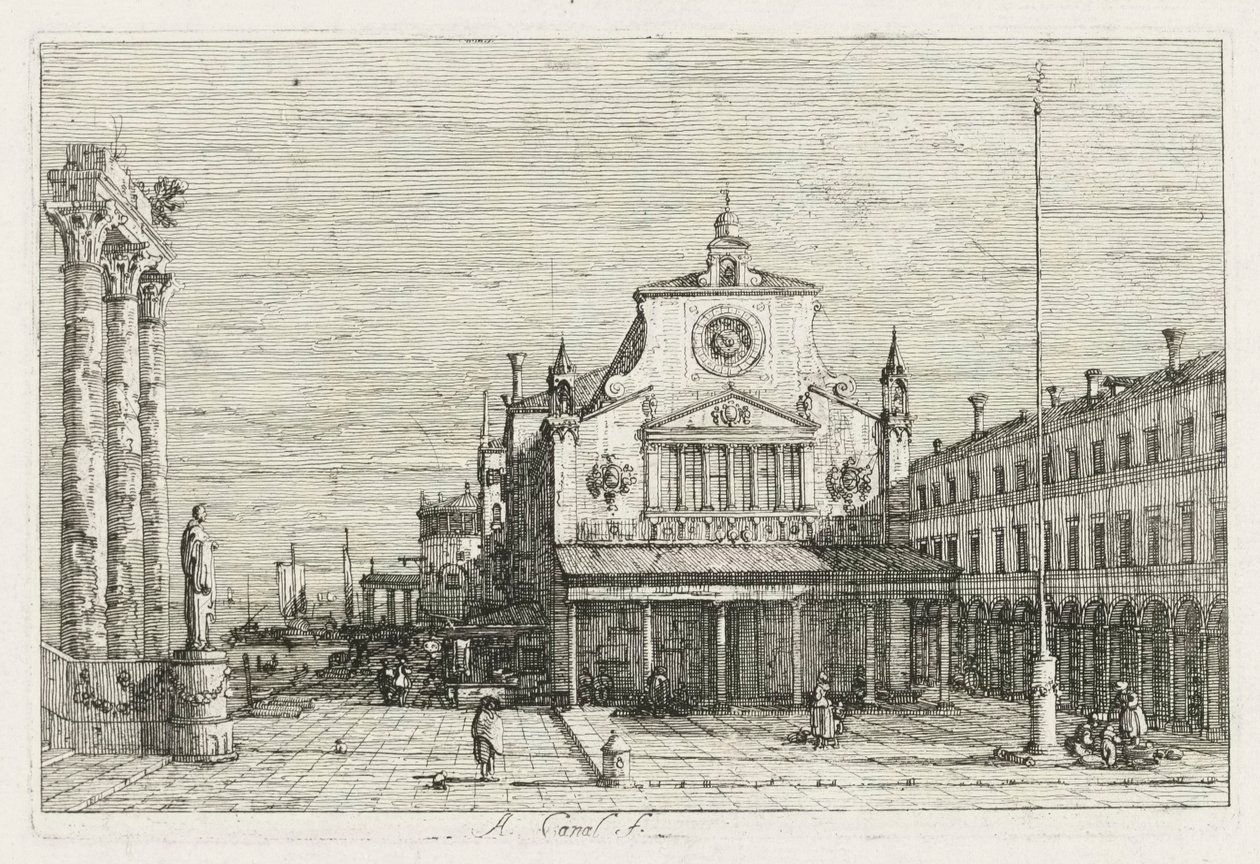 Utsikt: Tre kolonner och en staty vid havets kust, 1735-1746. av Giovanni Antonio Canal