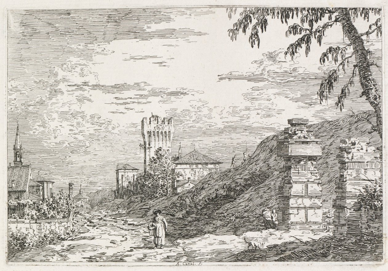 Visningar: Två ruinerade pelare, 1735-1746. av Giovanni Antonio Canal