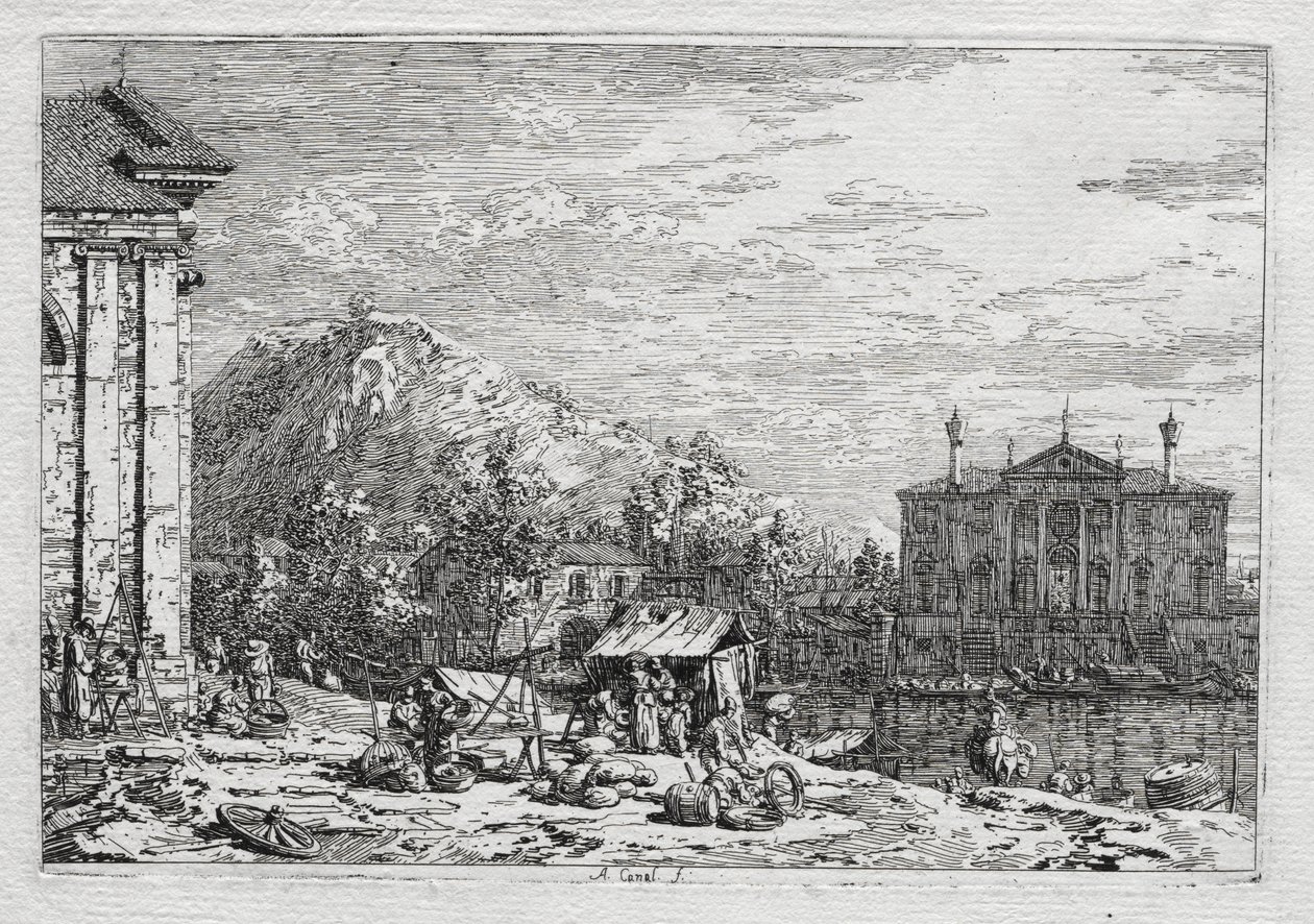 Utsikt över Venedig och omgivningar: En stad bortom en flod av Antonio Canaletto