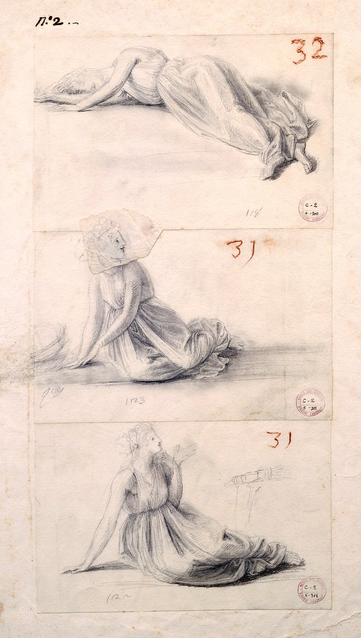Kvinnofigur i tre olika positioner av Antonio Canova (1757-1822), teckning av Antonio Canova
