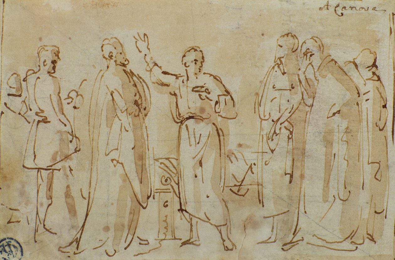 Sokrates Drinks the Cup of Hemlock, c.1787 (penna och bläck med sepiatvätt på papper) av Antonio Canova