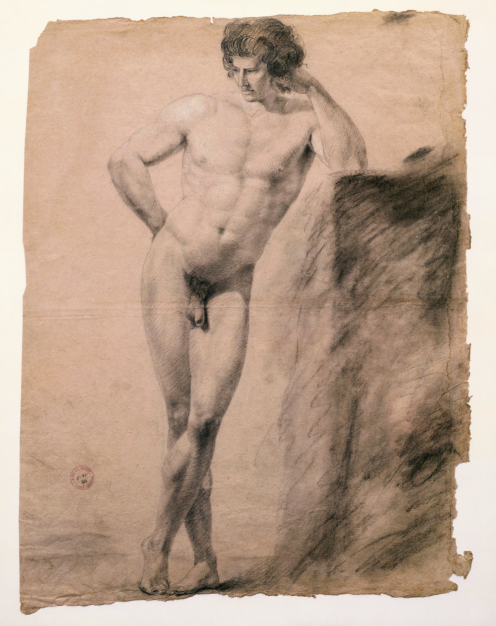 Studie av manlig naken lutad på sockel av Antonio Canova (1757-1822), teckning av Antonio Canova