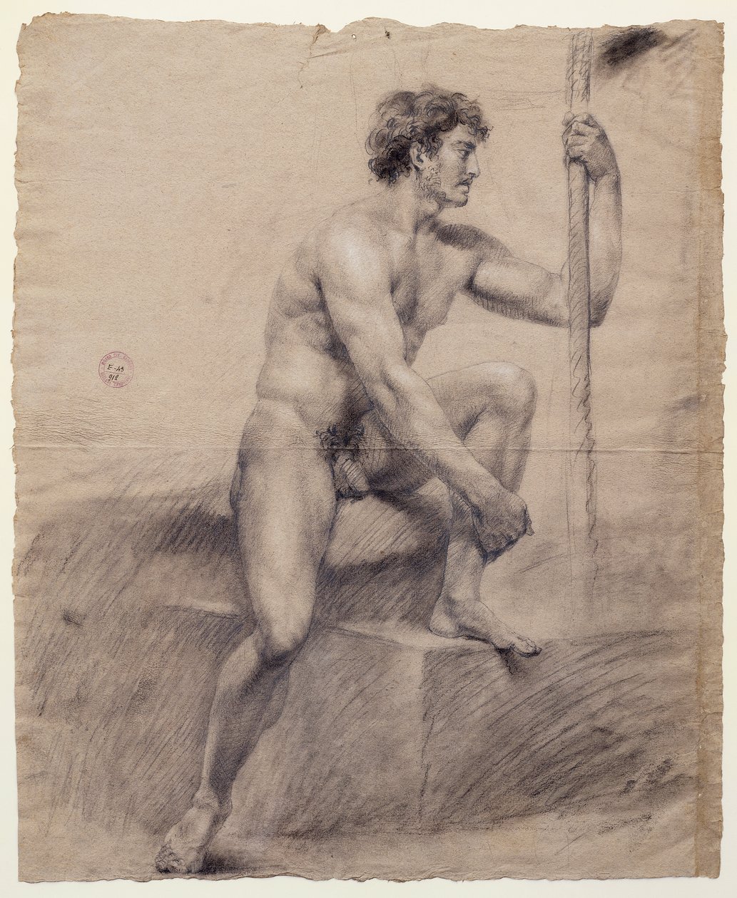 Studie av manlig naken sittande på podiet, Antonio Canova (1757-1822), teckning av Antonio Canova