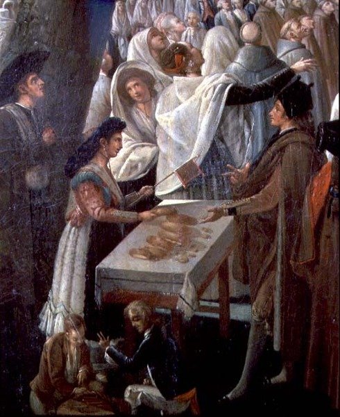 Uppstigningen av en varmluftsballong i Madrid, detalj av ett matstånd i folkmassan (olja på duk) av Antonio Carnicero