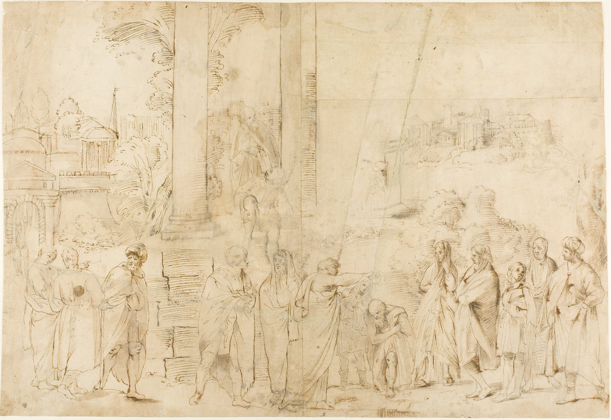 Sankt Paulus döper Areopagiten Dionysos (recto); Skisser av bebis, händer (verso) av Antonio Carracci