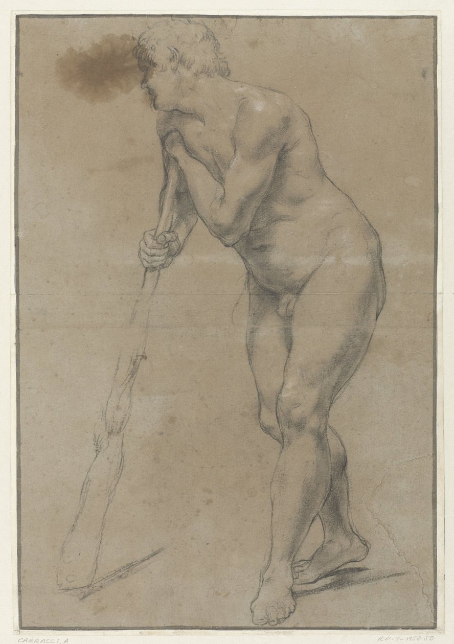 Studie av en naken man lutad mot en klubba av Antonio Carracci