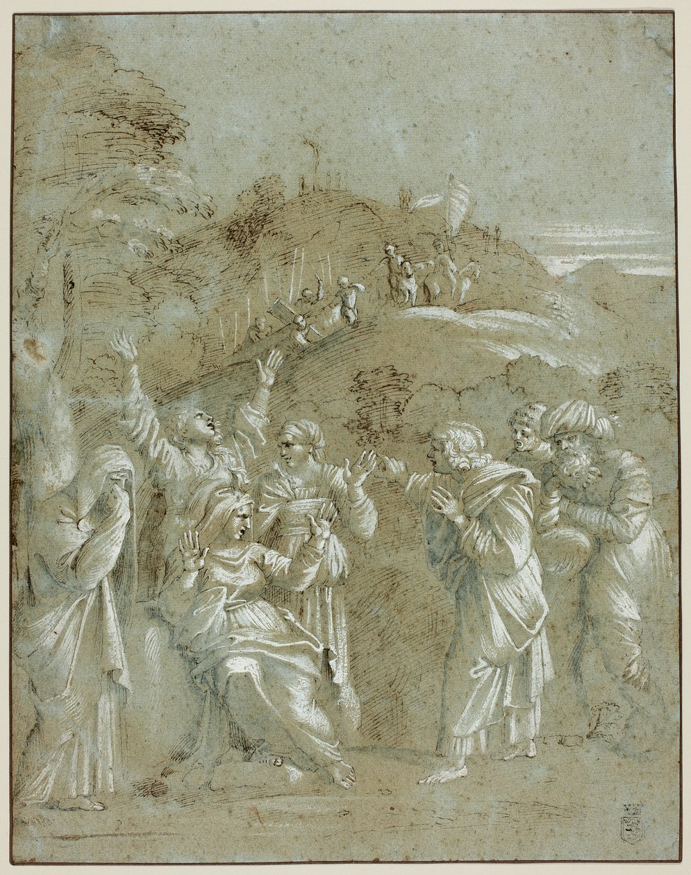 Jungfru Maria, de heliga kvinnorna och de heliga Johannes, Jakob och Josef av Arimatea med Kristus på vägen till Golgata av Antonio Carracci