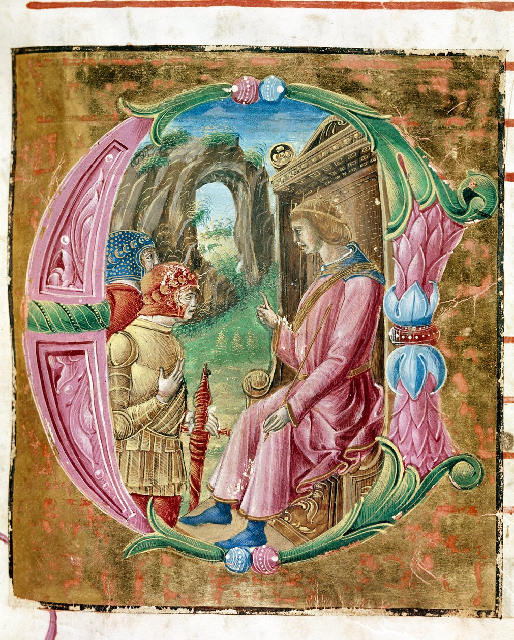 Herode I den store (73-4 f.Kr.) beordrade massakern på oskyldiga Lettrine upplyst av Antonio Cicognari. Detalj av ett antifonarium. 1483. Cremone, kör 4, capitolo del duomo av Antonio Cicognara