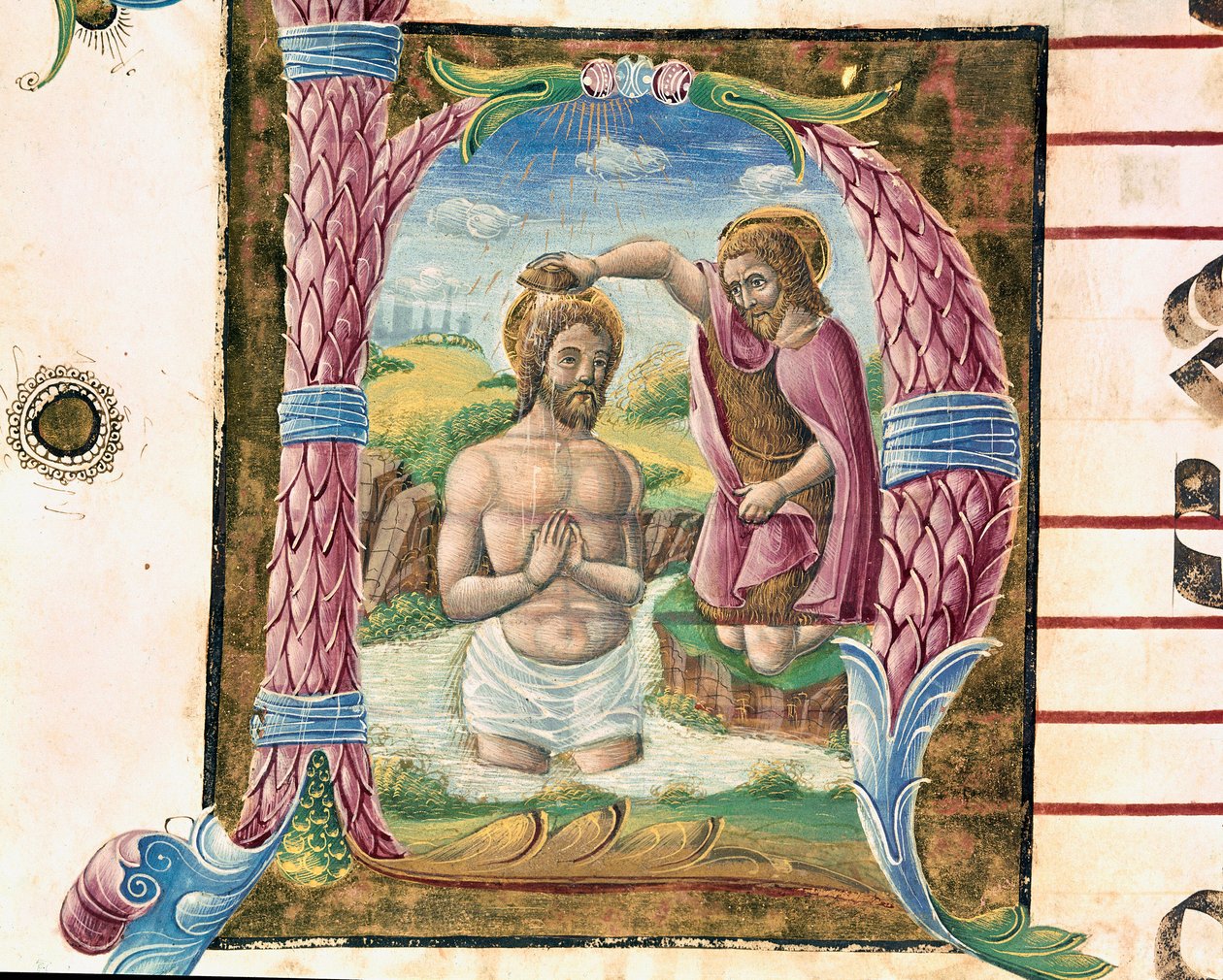 Kristi dop Lettrine upplyst av Antonio Cicognari. Detalj av ett antifonarium. 1483. Cremone, kör 4, domkyrkans kapitel av Antonio Cicognara