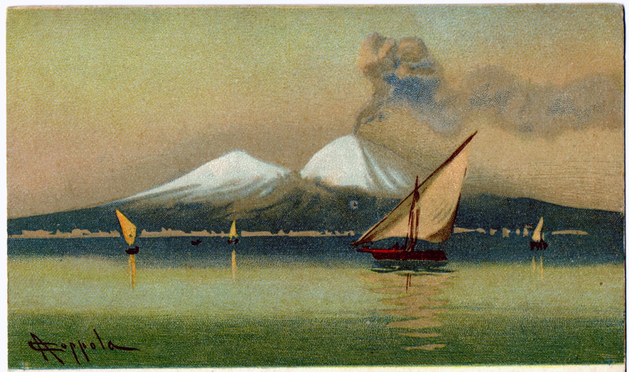 Geografi. Vulkanen Vesuvius och Neapelbukten. Illustration av A. Coppola, Italien, ca 1920 (vykort) av Antonio Coppola